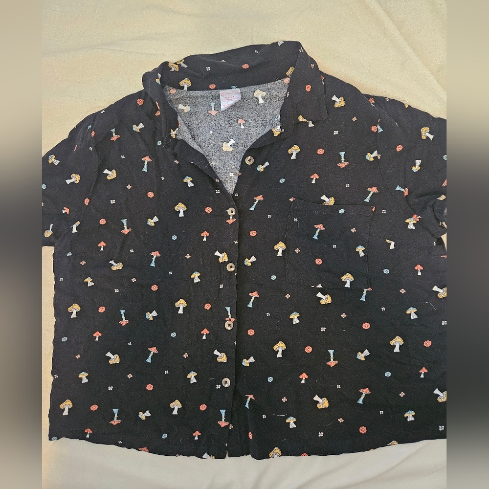 Mushroom Patterned Black Button-Up Shirt